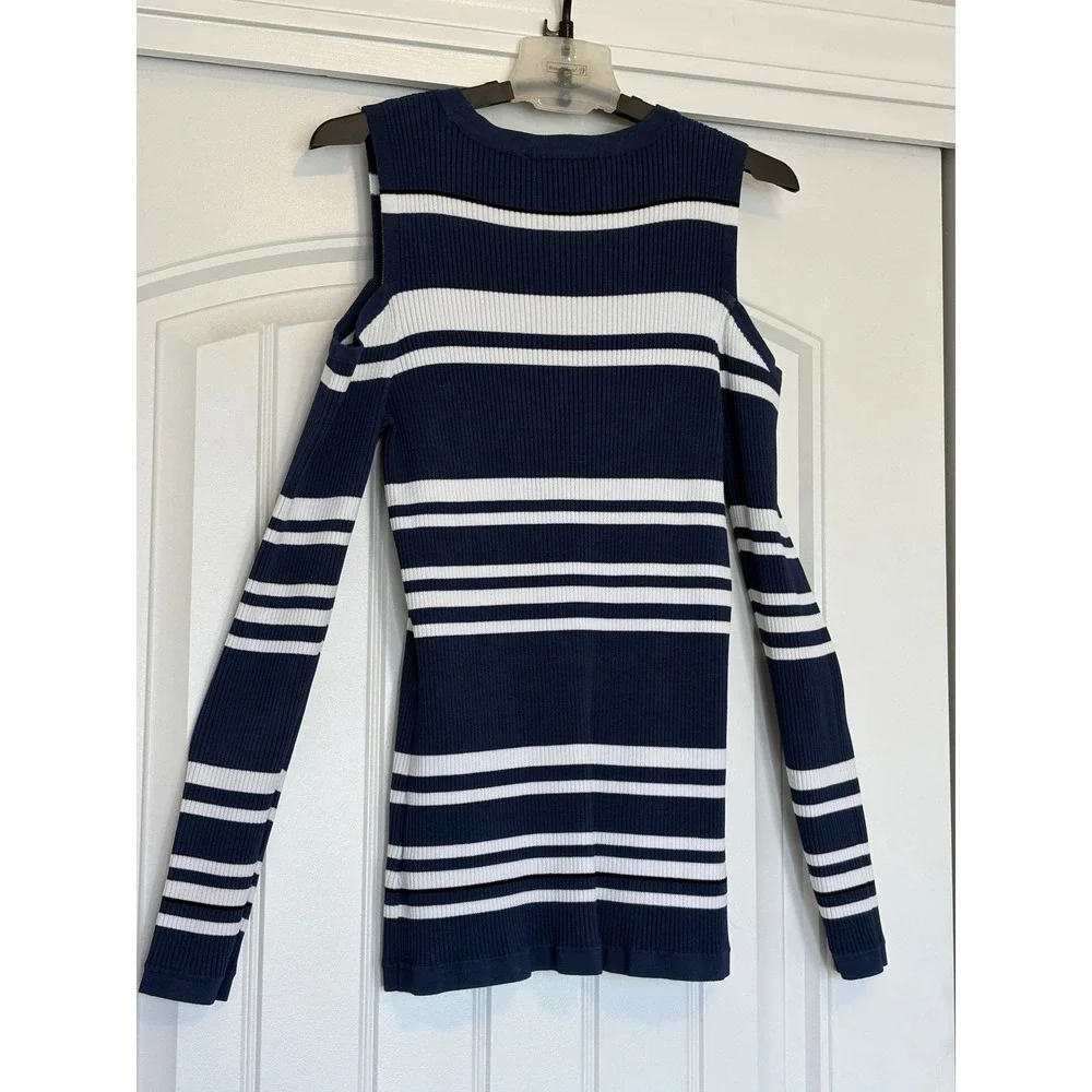 Michael Michael Kors Navy White Striped Cold Shoulder Ribbed Knit‎ Sweater M